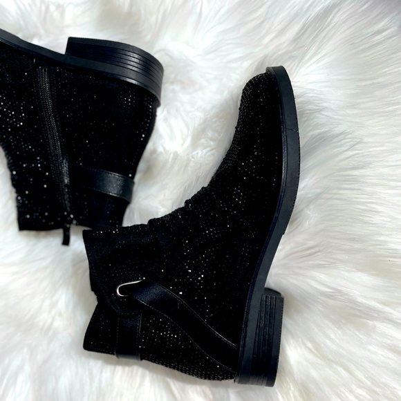 Italina Black Metallic Glitter Rhinestone Low Heel Comfy Slip-On Ankle Booties - Picture 4 of 6